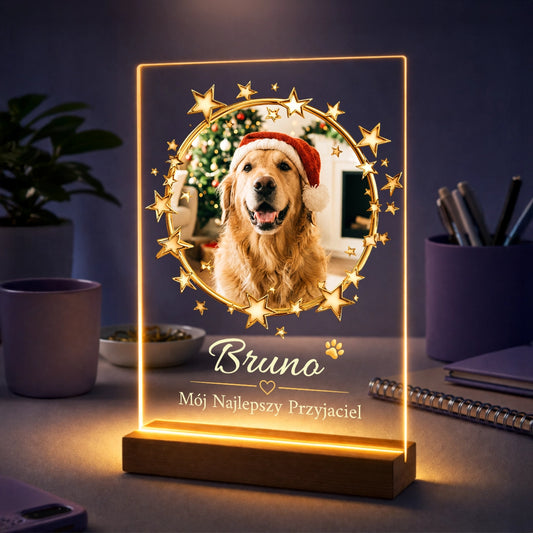 Personalizowany prezent dla właściciela psa na święta - zdjęcie na szkle ze świątecznym zdjęciem psa i jego imieniem