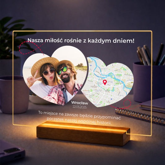 Oryginalne zdjęcie z mapą miejsca na szkle dla pary – prezent na rocznicę