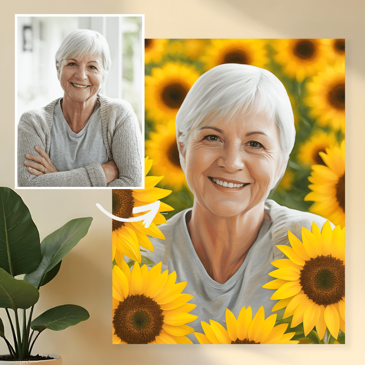 Image of Babcia na tle słoneczników - obraz na płótnie z Twojego zdjęcia - Wymaluj Prezent