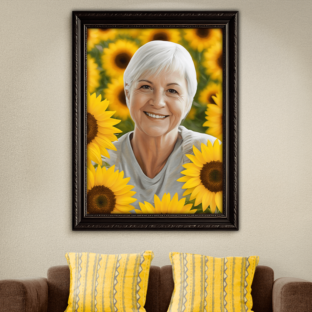 Babcia na tle słoneczników - obraz na płótnie z Twojego zdjęcia - Wymaluj Prezent