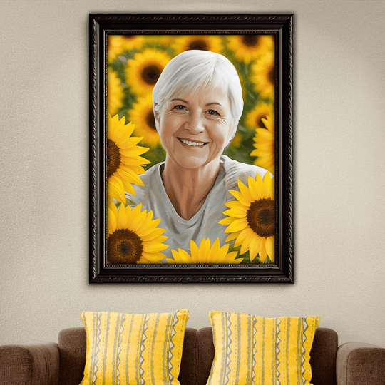 Babcia na tle słoneczników - obraz na płótnie z Twojego zdjęcia