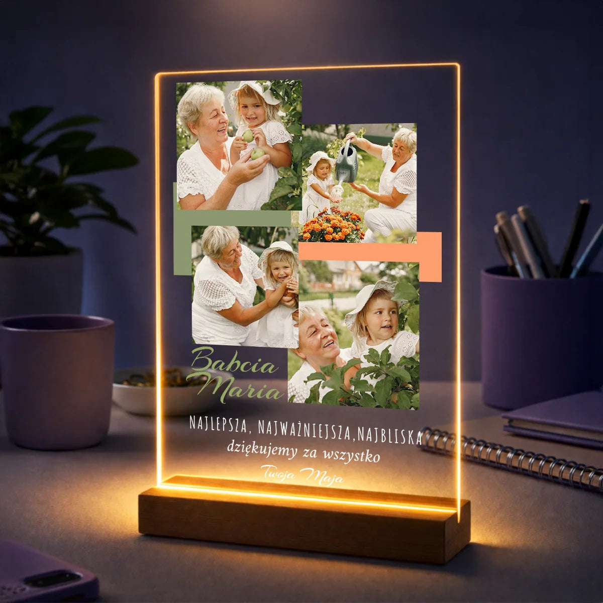 Oryginalny prezent dla babci na urodziny – kolaż 4 zdjęć na szkle z życzeniami od wnuczki
