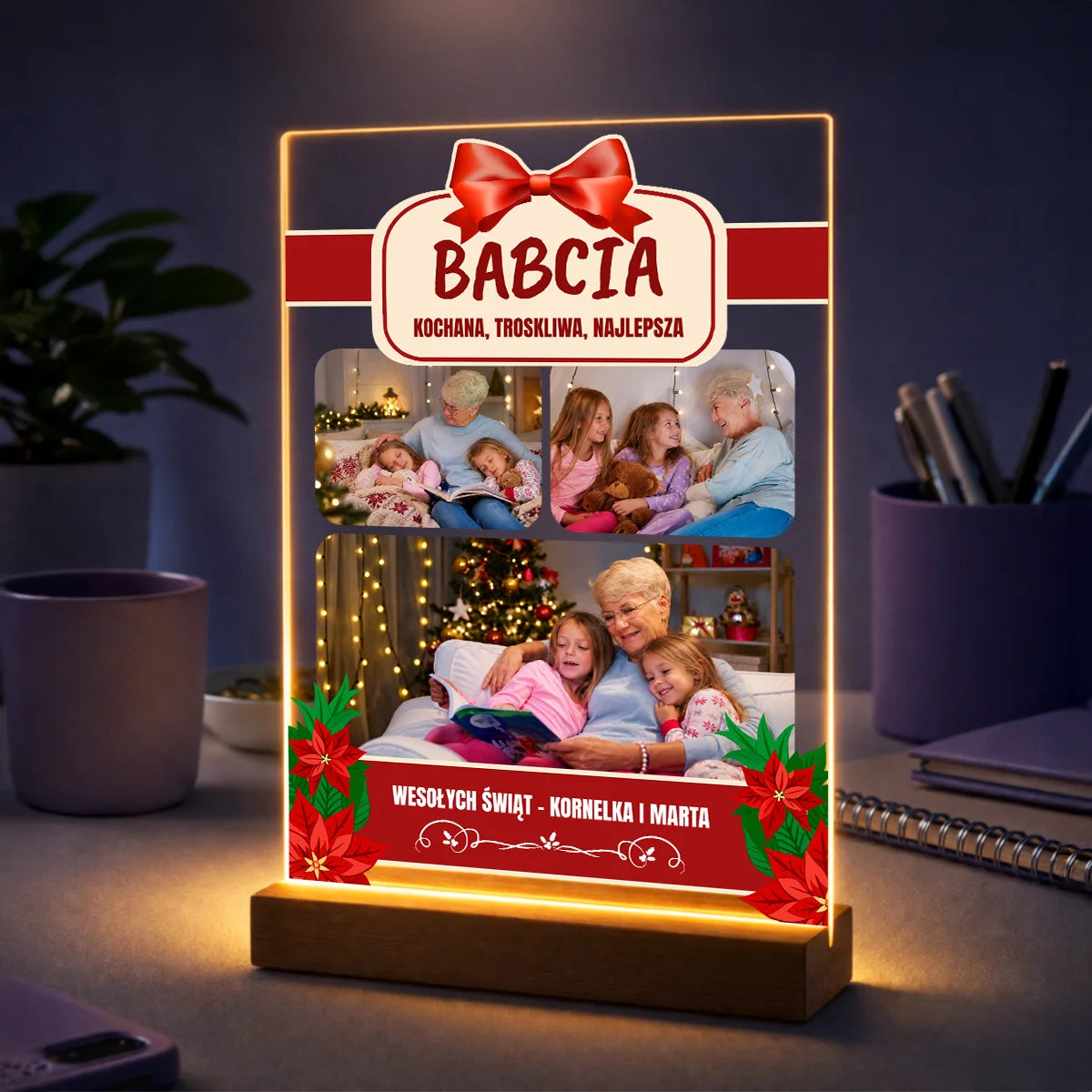 Kolaż 3 zdjęć babci z wnuczkami na szkle akrylowym – prezent dla babci na święta