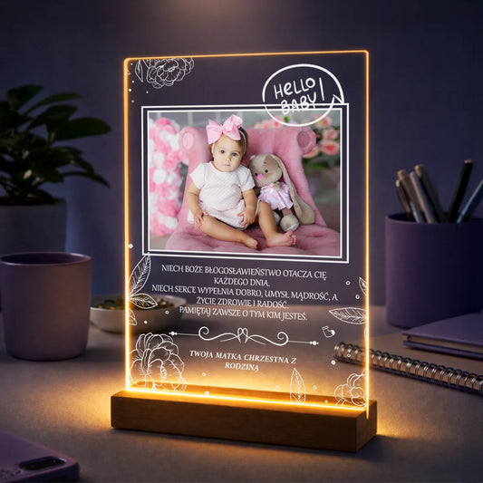 Oryginalny prezent dla dziecka na chrzest – zdjęcie na szkle + tekst od matki chrzestnej