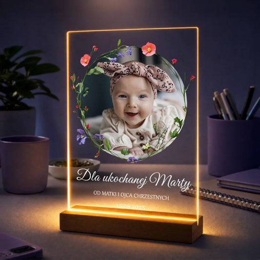 Prezent dla dziewczynki na chrzest – zdjęcie na szkle z tekstem Pamiątka Chrztu Świętego