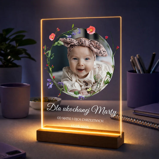 Prezent dla dziewczynki na chrzest – zdjęcie na szkle z tekstem Pamiątka Chrztu Świętego