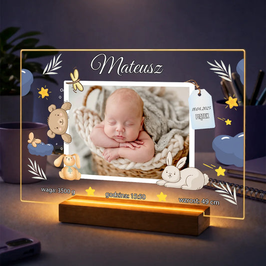 Personalizowana metryczka dziecka na szkle ze zdjęcia, imię i dane narodzin, pamiątka dla rodziców