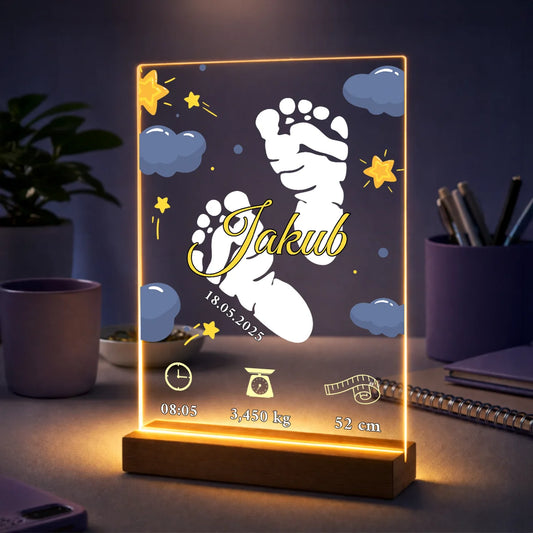 Personalizowany druk na szkle z grafiką, imieniem, datą urodzenia i metryczką, prezent dla rodziców i niemowlaka