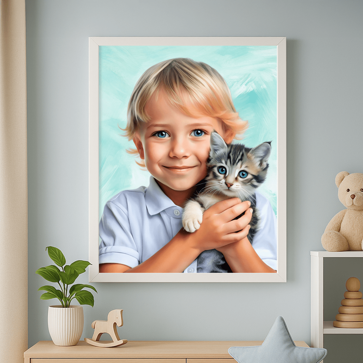 Image of Chłopiec z kotem - obraz na płótnie z Twojego zdjęcia - Wymaluj Prezent