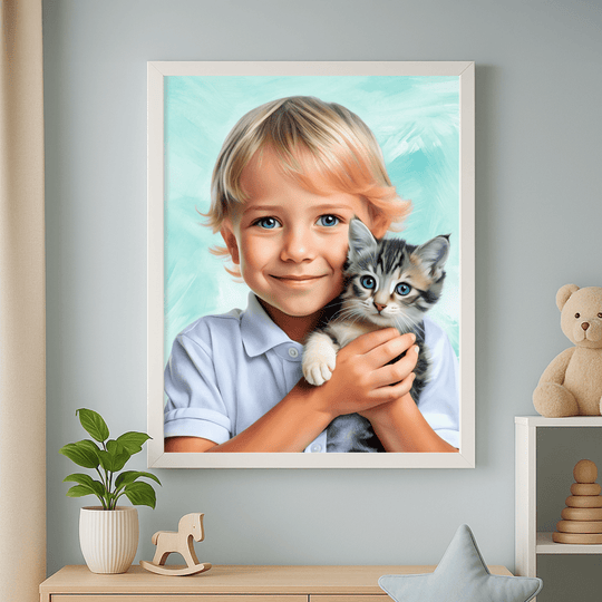 Chłopiec z kotem - obraz na płótnie z Twojego zdjęcia