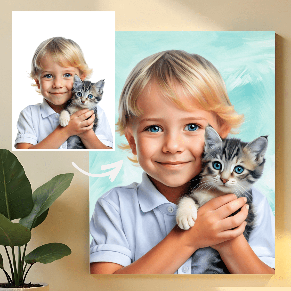 Image of Chłopiec z kotem - obraz na płótnie z Twojego zdjęcia - Wymaluj Prezent