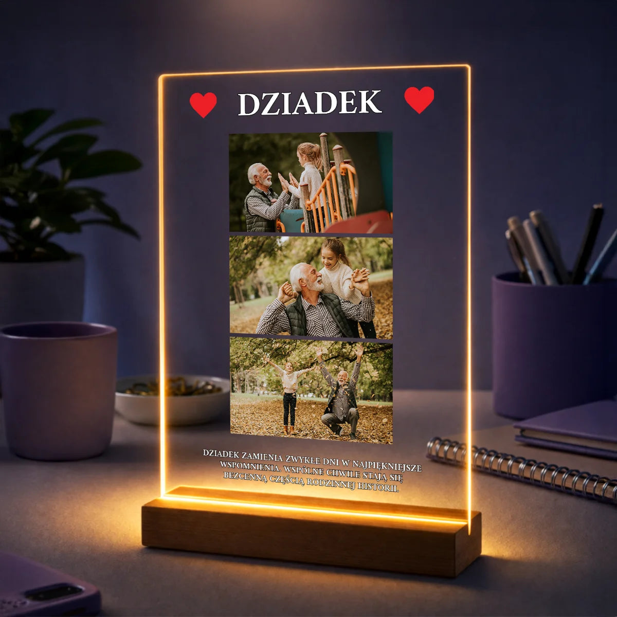 Kolaż 3 zdjęć na szkle akrylowym dla dziadka z cytatem Najpiękniejsze Wspomnienia