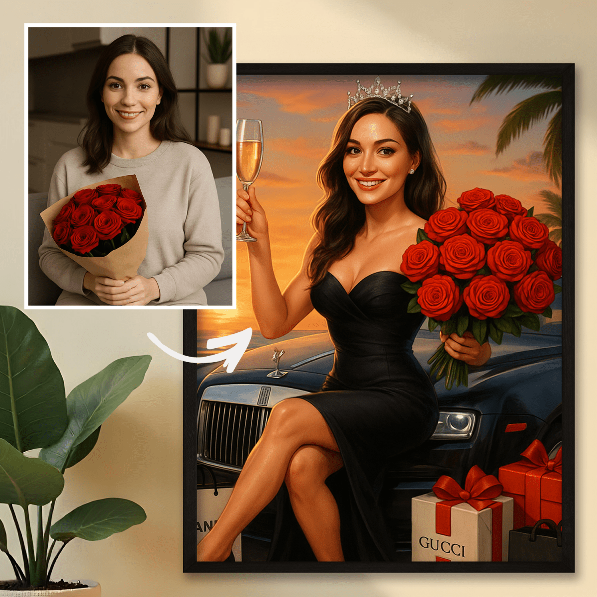 Dziewczyna z bukietem róż - plakat z Twojego zdjęcia - Wymaluj Prezent