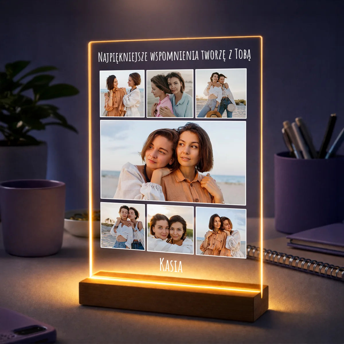 Pomysł na prezent dla przyjaciółki na urodziny – kolaż 7 zdjęć na szkle z imieniem i Twoim tekstem