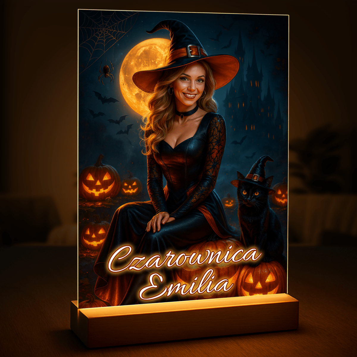 Image of Ilustracja czarownicy + imię - druk na szkle, portret z Twojego zdjęcia - Wymaluj Prezent