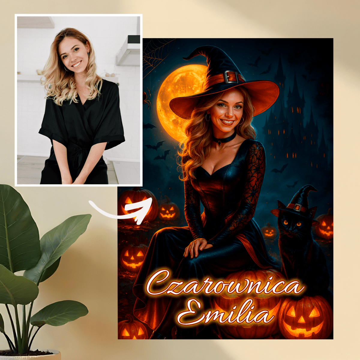 Image of Ilustracja czarownicy + imię - druk na szkle, portret z Twojego zdjęcia - Wymaluj Prezent