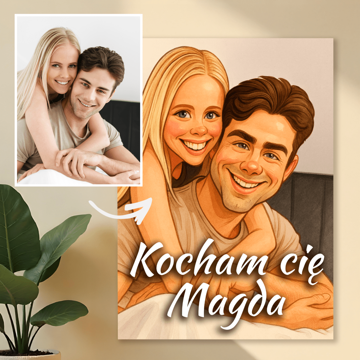 Image of Ilustracja dwojga zakochanych - druk na szkle, portret z Twojego zdjęcia - Wymaluj Prezent