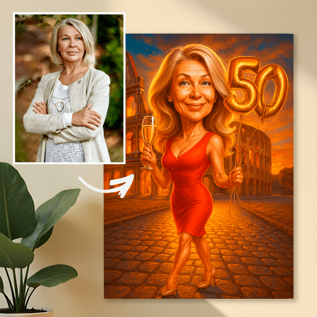 Ilustracja na 50. - druk na szkle, portret z Twojego zdjęcia - Wymaluj Prezent