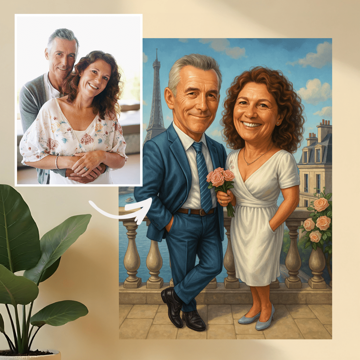 Image of Ilustracja pary małżonków - druk na szkle, portret z Twojego zdjęcia - Wymaluj Prezent