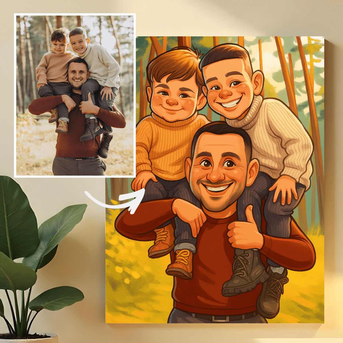 Ilustracja taty i synów - obraz na płótnie z Twojego zdjęcia - Wymaluj Prezent