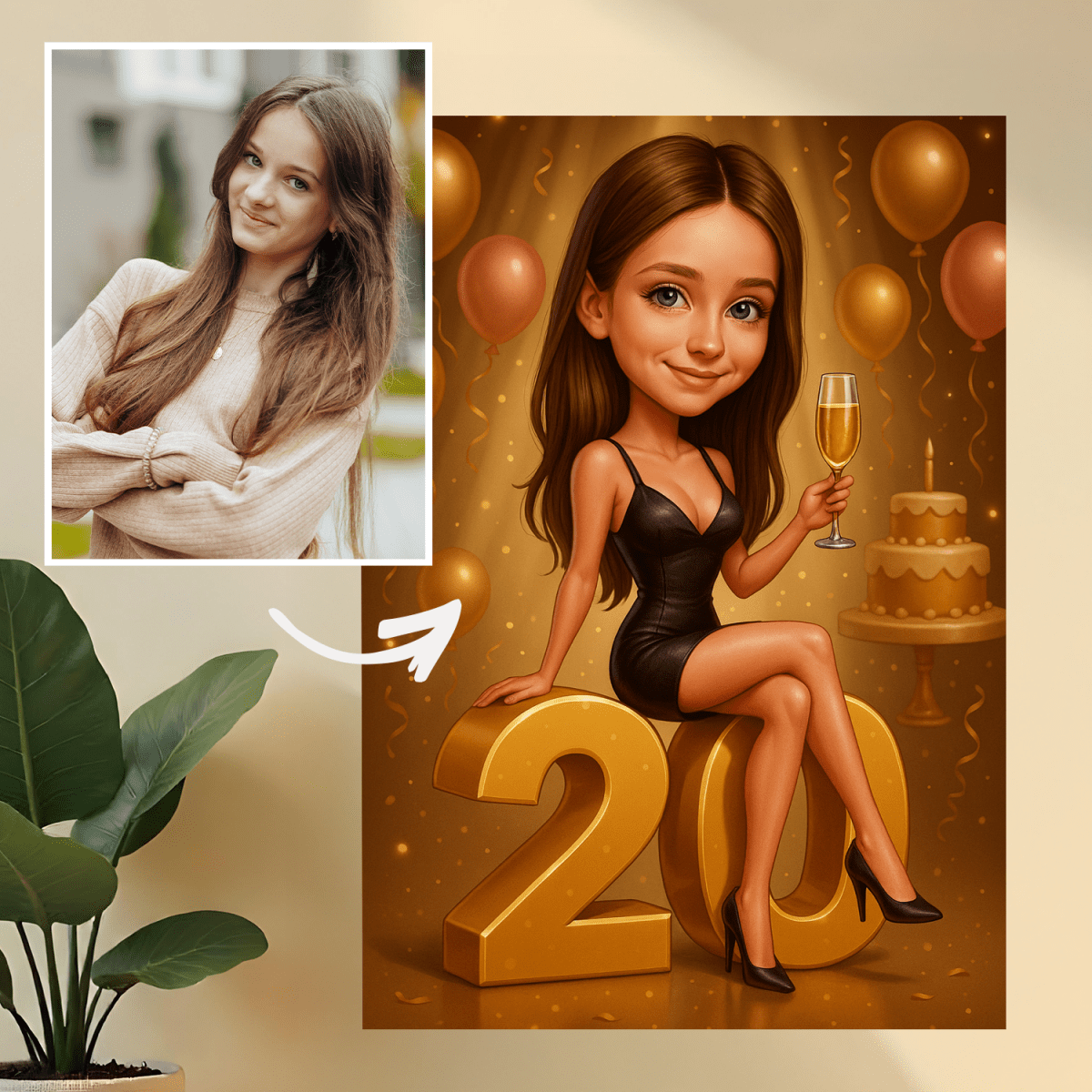 Image of Ilustracja z okazji 20 urodzin - druk na szkle, portret z Twojego zdjęcia - Wymaluj Prezent