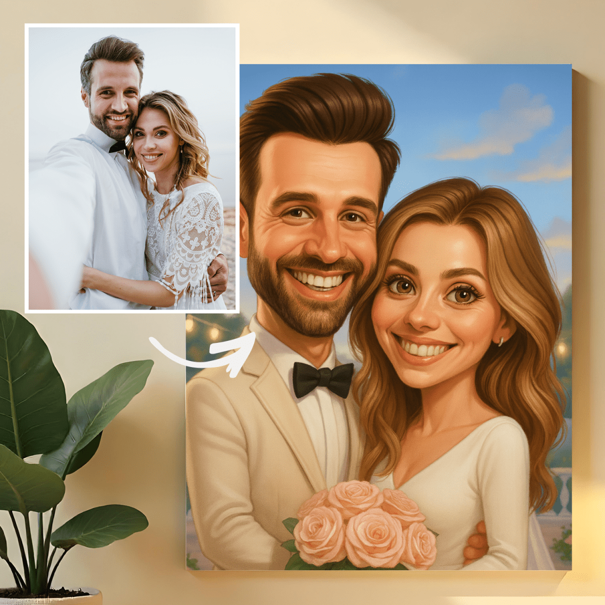 Image of Ilustrowany portret pary młodej - obraz na płótnie z Twojego zdjęcia - Wymaluj Prezent