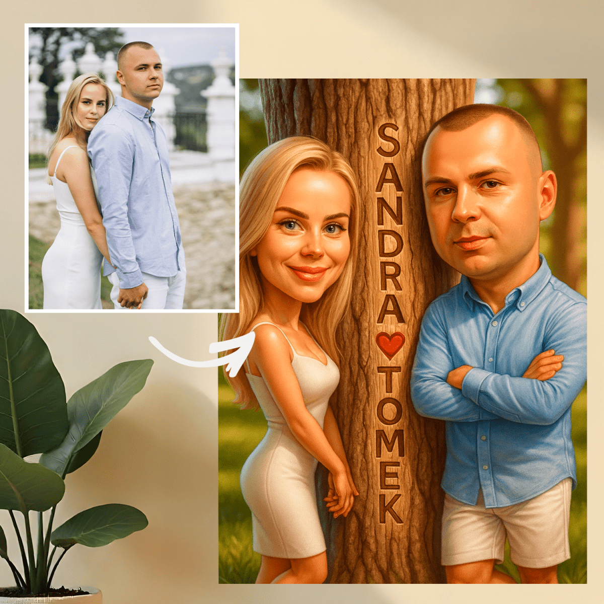 Image of Karykatura + imiona pary - druk na szkle, portret z Twojego zdjęcia - Wymaluj Prezent