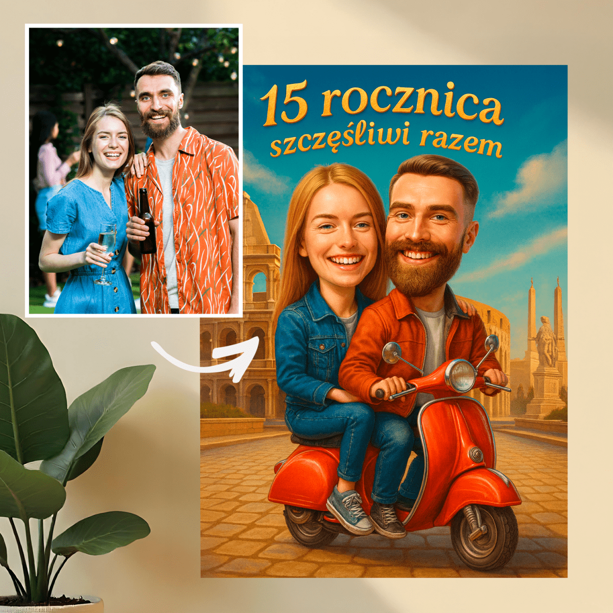 Image of Karykatura na 15 rocznicę - druk na szkle, portret z Twojego zdjęcia - Wymaluj Prezent