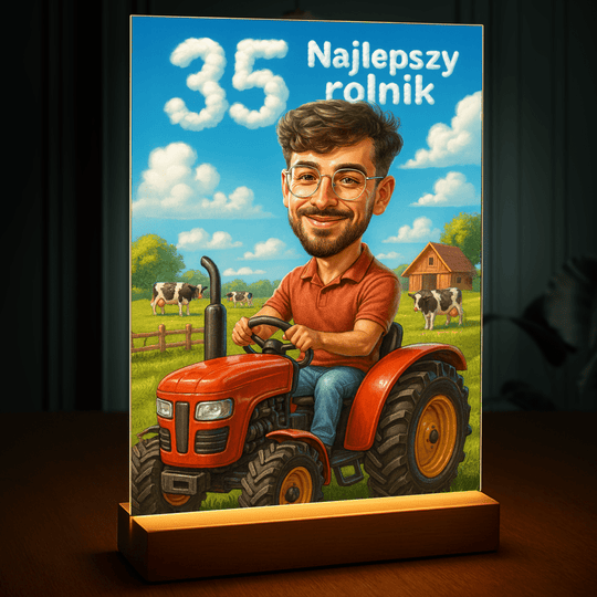 Karykatura na 35 urodziny rolnika - druk na szkle, portret z Twojego zdjęcia