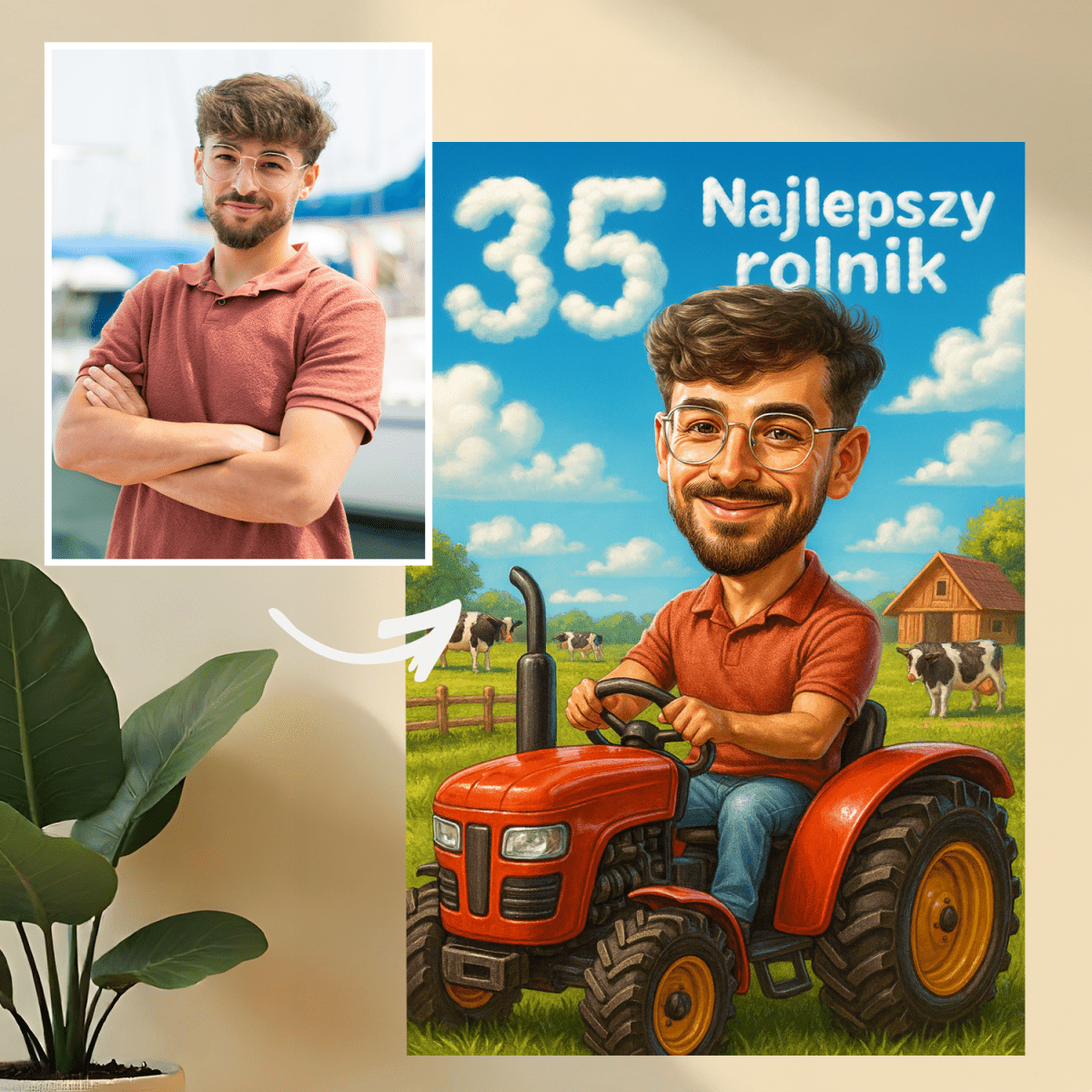 Image of Karykatura na 35 urodziny rolnika - druk na szkle, portret z Twojego zdjęcia - Wymaluj Prezent