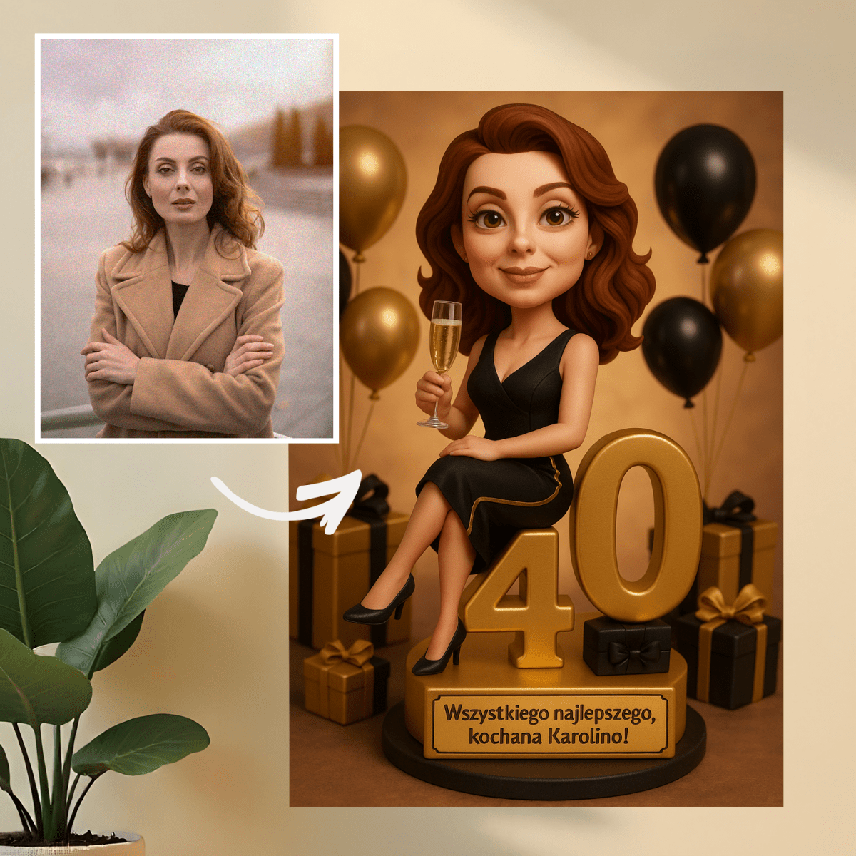 Image of Karykatura na 40. - druk na szkle, portret z Twojego zdjęcia - Wymaluj Prezent