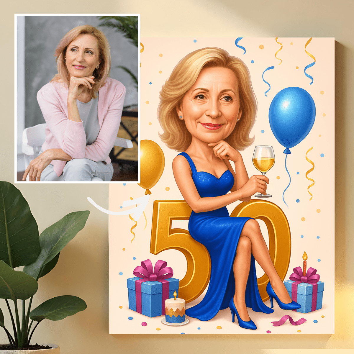 Karykatura na 50. - druk na szkle, portret z Twojego zdjęcia - Wymaluj Prezent