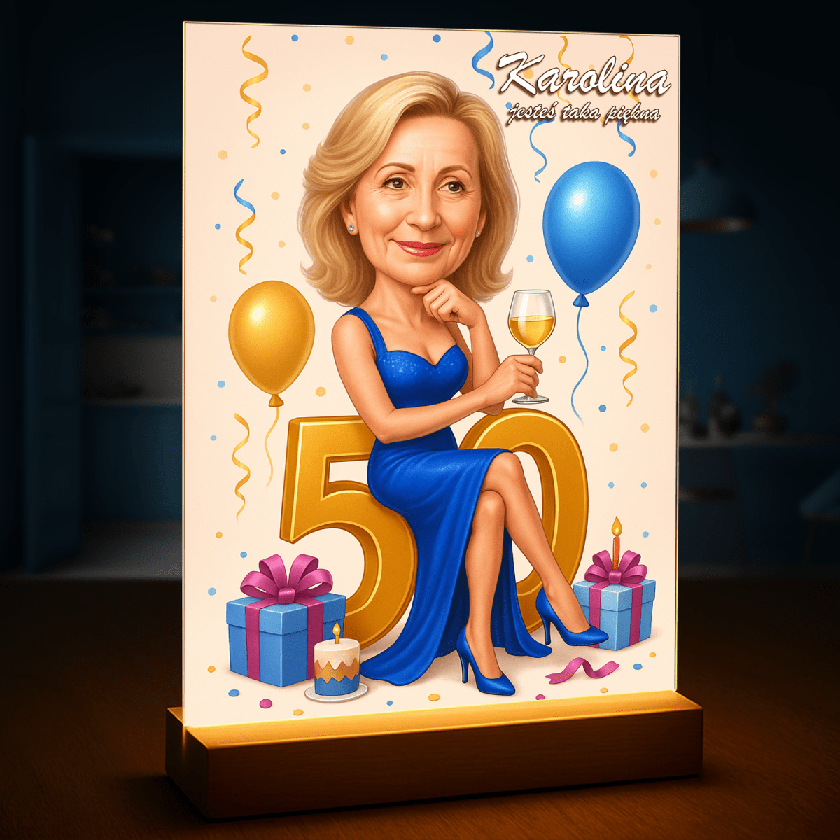 Image of Karykatura na 50. - druk na szkle, portret z Twojego zdjęcia - Wymaluj Prezent