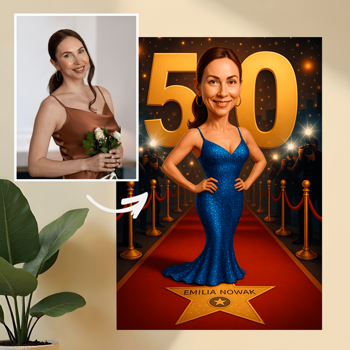 Image of Karykatura na 50. - druk na szkle, portret z Twojego zdjęcia - Wymaluj Prezent