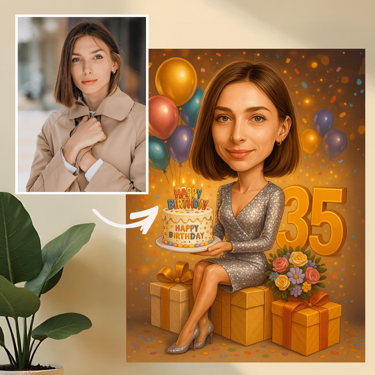 Image of Karykatura na jej 35 urodziny - obraz na płótnie z Twojego zdjęcia - Wymaluj Prezent