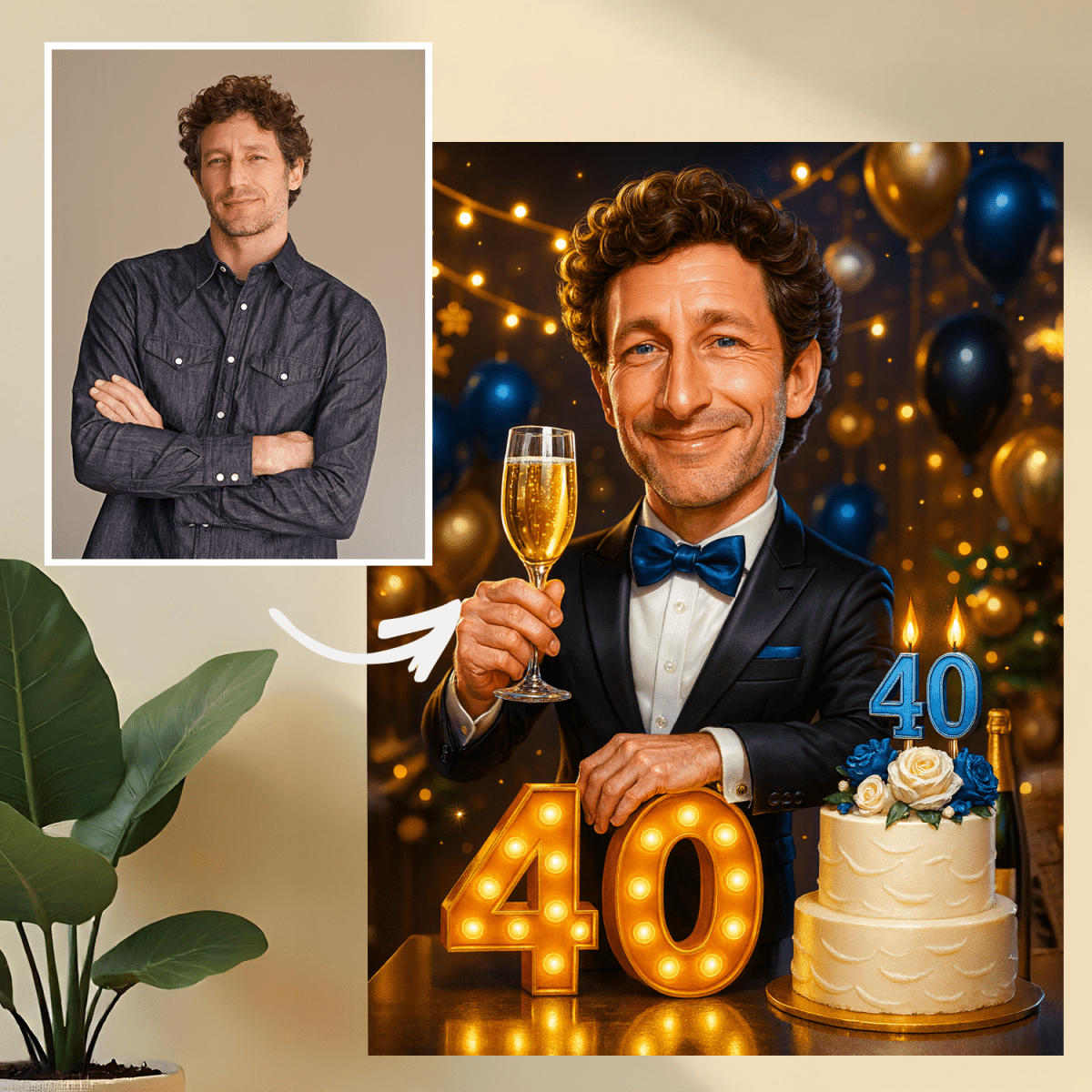 Karykatura na urodziny czterdziestolatka - druk na szkle, portret z Twojego zdjęcia - Wymaluj Prezent