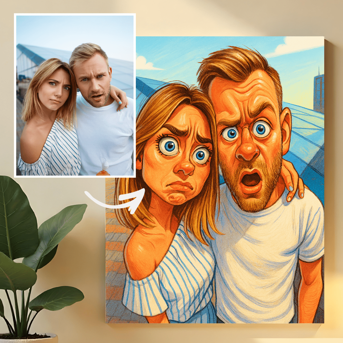 Karykatura pary - obraz na płótnie z Twojego zdjęcia - Wymaluj Prezent