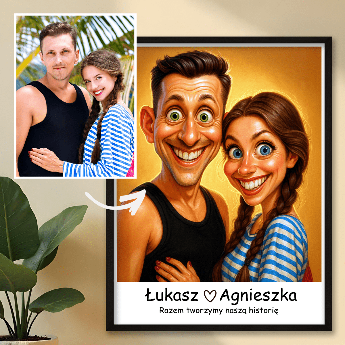 Karykatura pary + tekst - plakat z Twojego zdjęcia - Wymaluj Prezent
