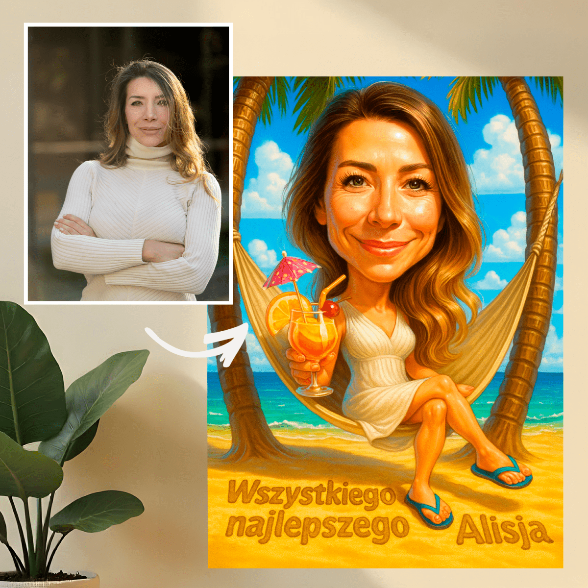 Image of Karykatura w wakacyjnym stylu - druk na szkle, portret z Twojego zdjęcia - Wymaluj Prezent