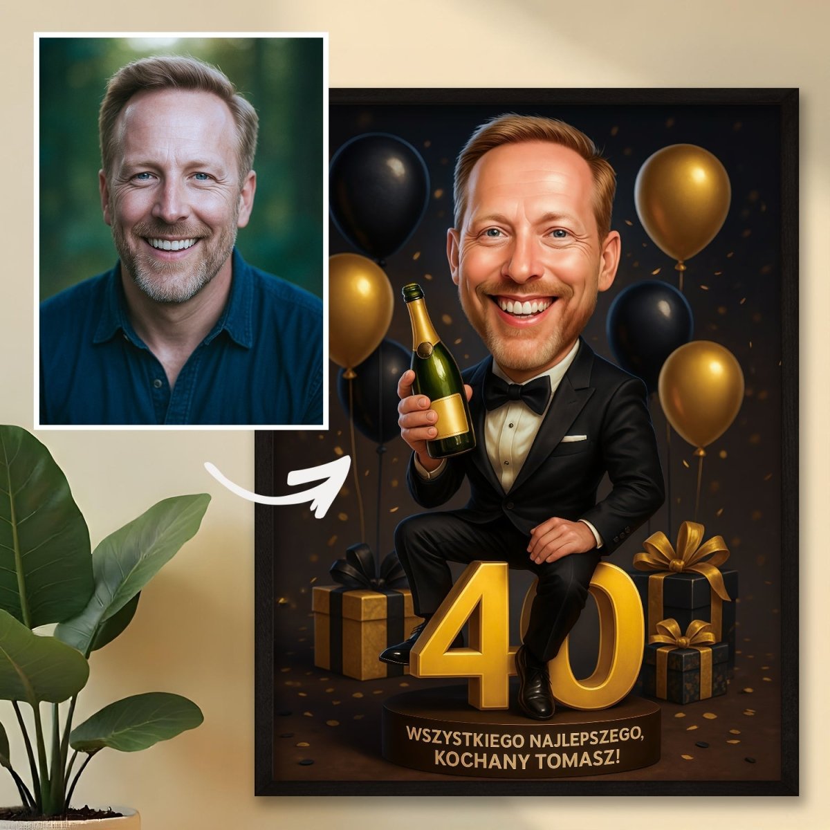 Karykatura z życzeniami na 40. - plakat z Twojego zdjęcia - Wymaluj Prezent