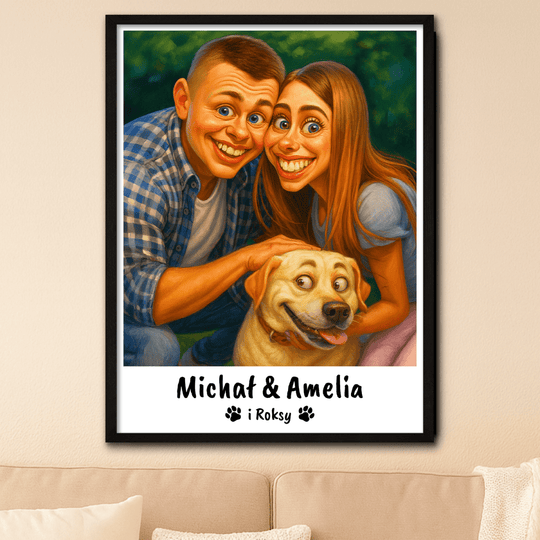 Karykatura zakochanej pary z pupilem - plakat z Twojego zdjęcia