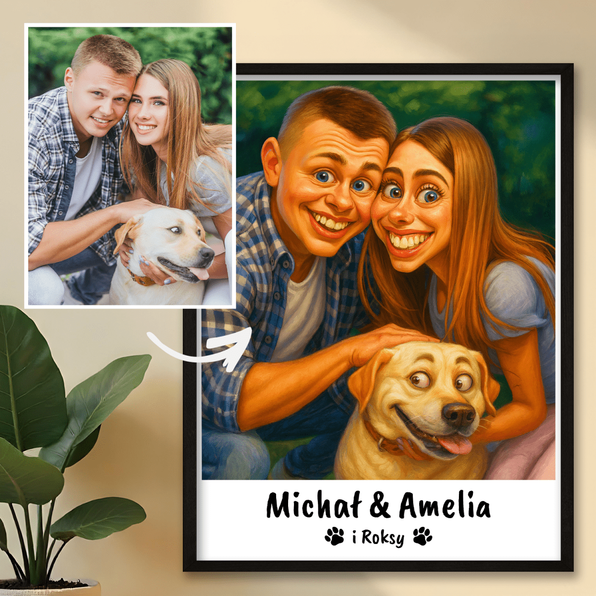 Image of Karykatura zakochanej pary z pupilem - plakat z Twojego zdjęcia - Wymaluj Prezent