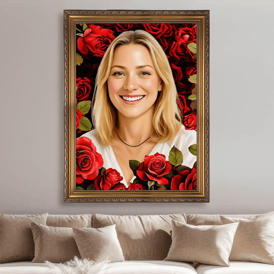 Kobieta na różanym tle - obraz na płótnie z Twojego zdjęcia
