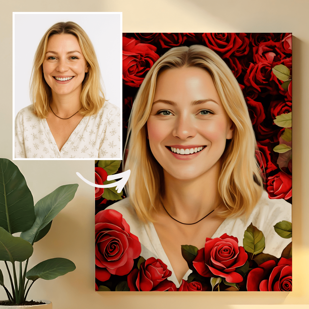 Image of Kobieta na różanym tle - obraz na płótnie z Twojego zdjęcia - Wymaluj Prezent
