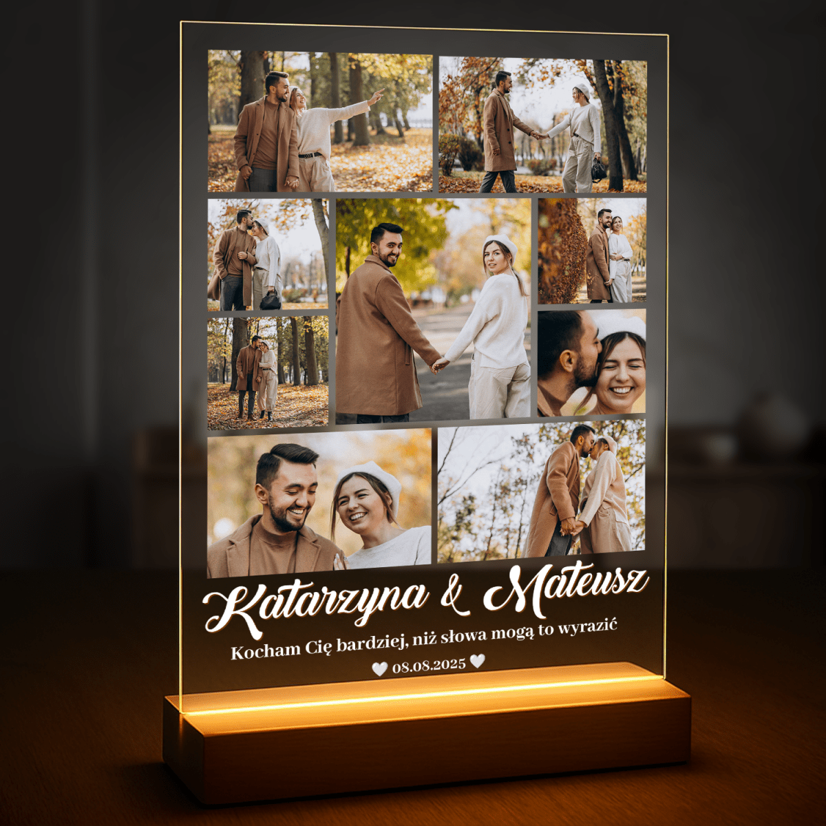 Kolaż dziewięciu zdjęć pary + tekst - druk na szkle z Twoich zdjęć - Wymaluj Prezent