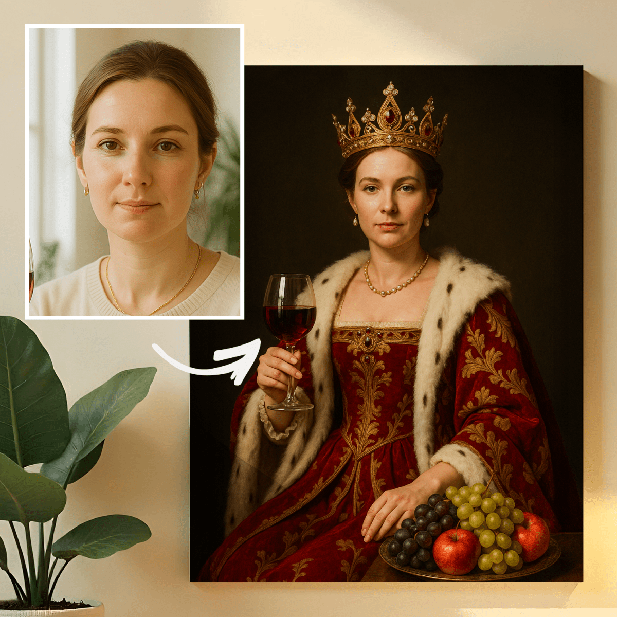 Królowa z kieliszkiem wina - obraz na płótnie z Twojego zdjęcia - Wymaluj Prezent