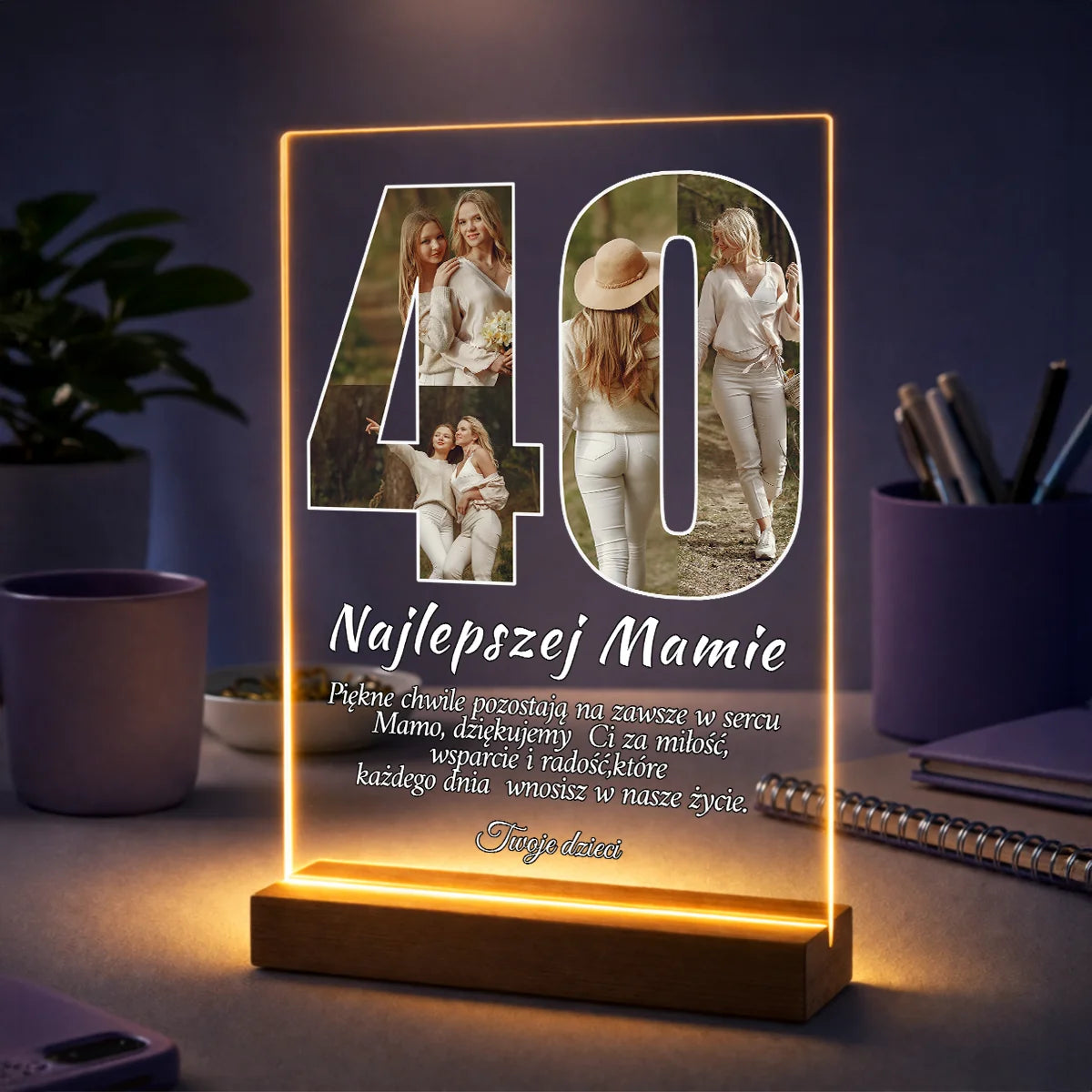 Oryginalny prezent dla mamy na 40. urodziny – kolaż na szkle w kształcie liczby 40 + życzenia