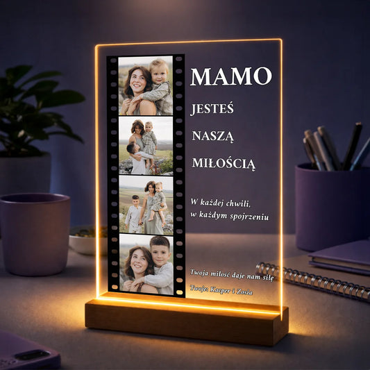 Oryginalny prezent dla mamy na urodziny – kolaż 4 zdjęć na szkle w stylu kadrów filmowych