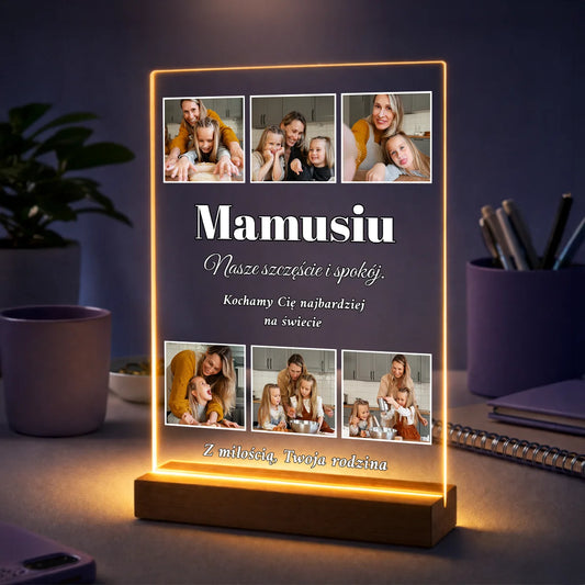 Pomysł na prezent dla mamy na urodziny - kolaż zdjęć na szkle z tekstem galeria rodzinnych wspomnień