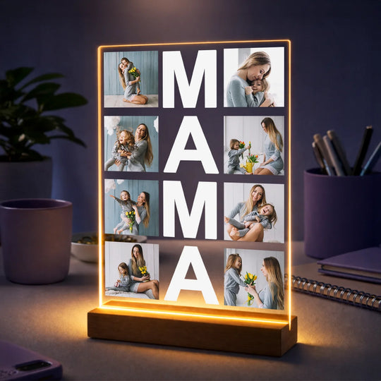 Prezent dla mamy na Dzień Matki – kolaż z 8 zdjęć na szkle i napis MAMA
